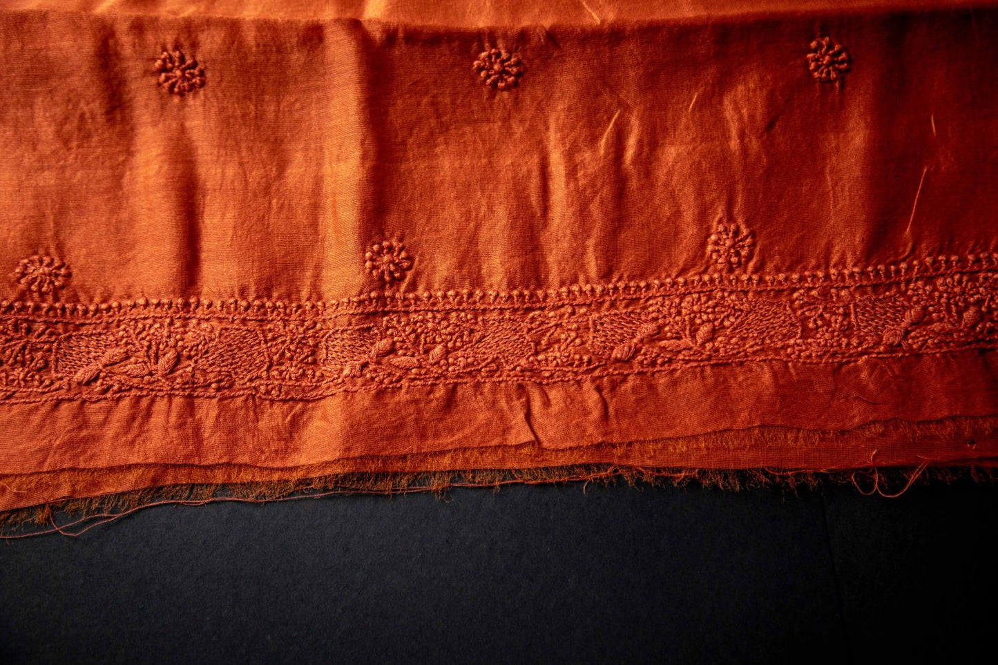 'Rust Orange' Chanderi Unstitched Chikankari Collared Kurta Fabric