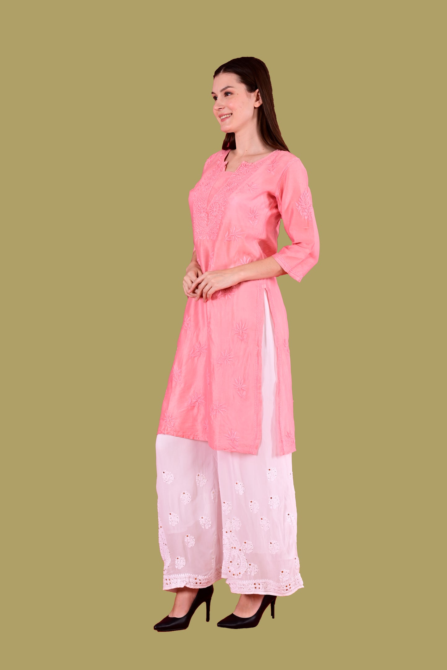 Pink Chanderi Chikankari Medium Length Kurti