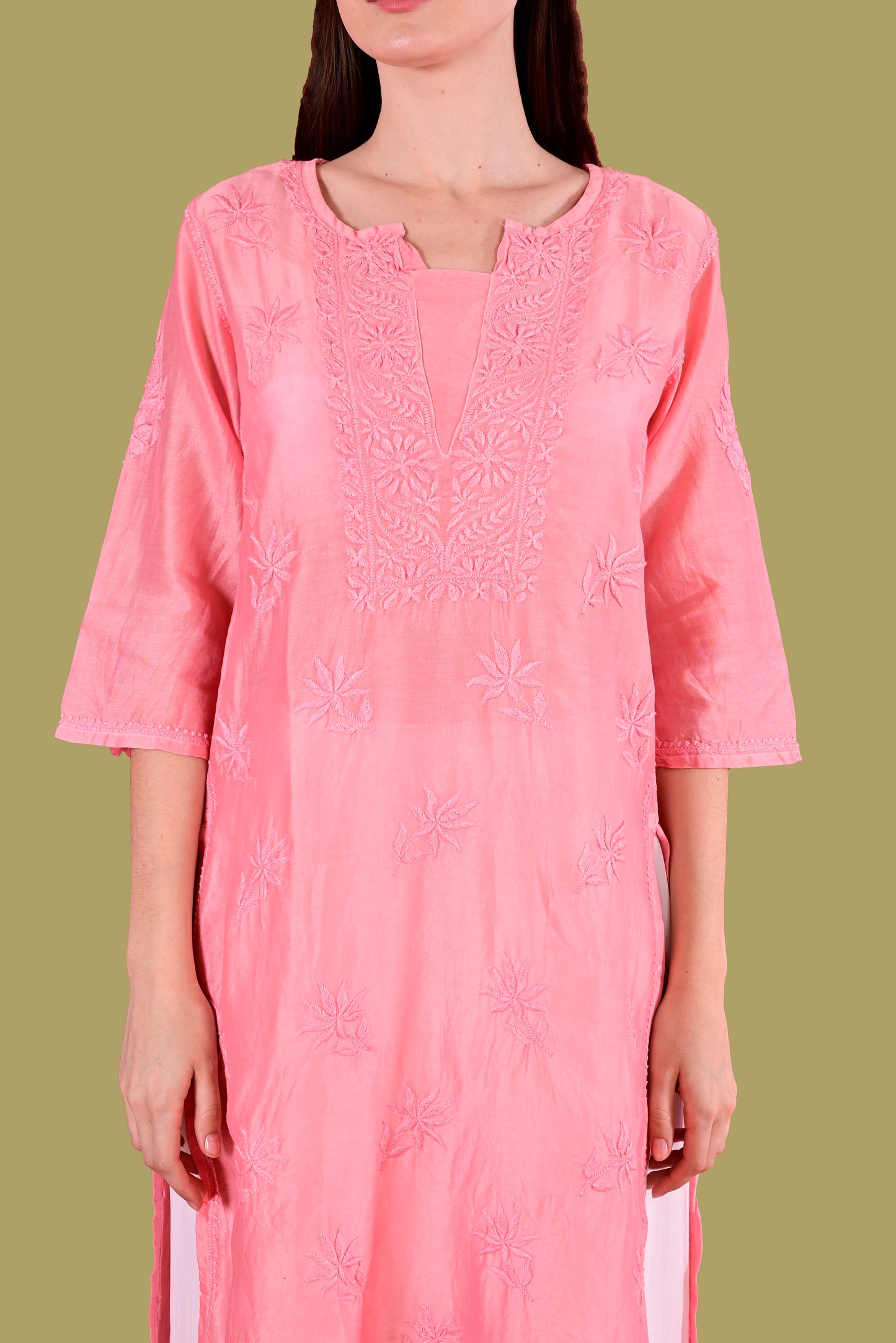 Pink Chanderi Chikankari Medium Length Kurti
