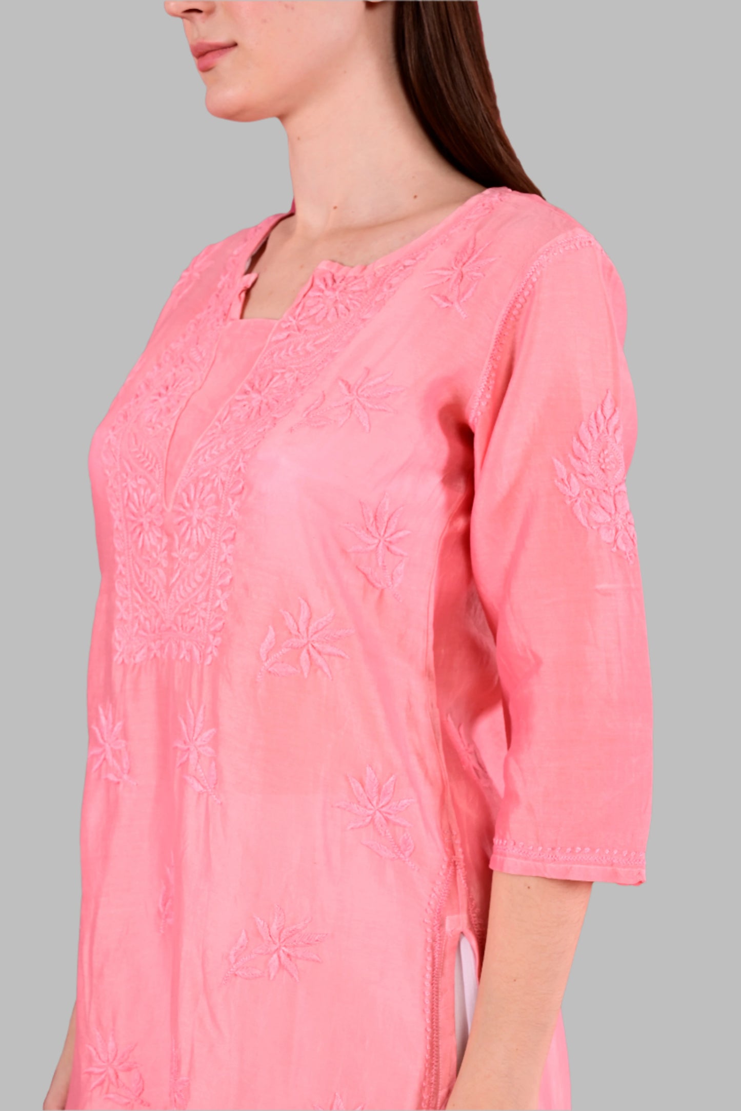 Pink Chanderi Chikankari Medium Length Kurti