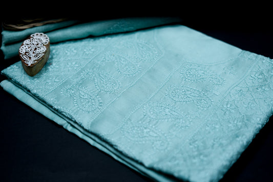 'Ocean Whisper' Light Teal Chanderi Unstitched Chikankari suit set