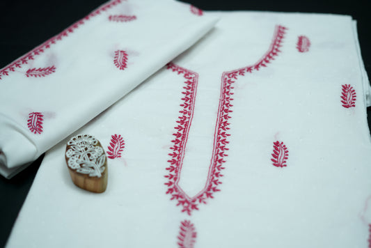 'Red Feathers' White Cotton Unstitched Chikankari Kurta Dupatta Set