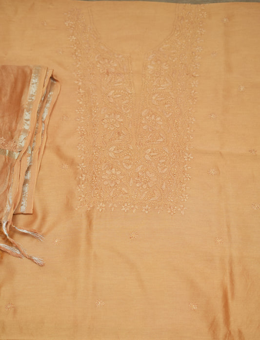 'Amber Gold' Chanderi Unstitched Chikankari suit set