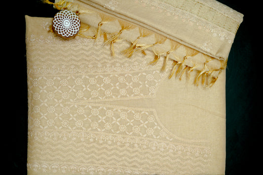 Ivory Tissue Chanderi Unstitched Chikankari Suit set