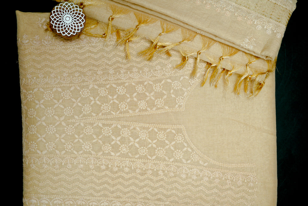 Ivory Tissue Chanderi Unstitched Chikankari Suit set