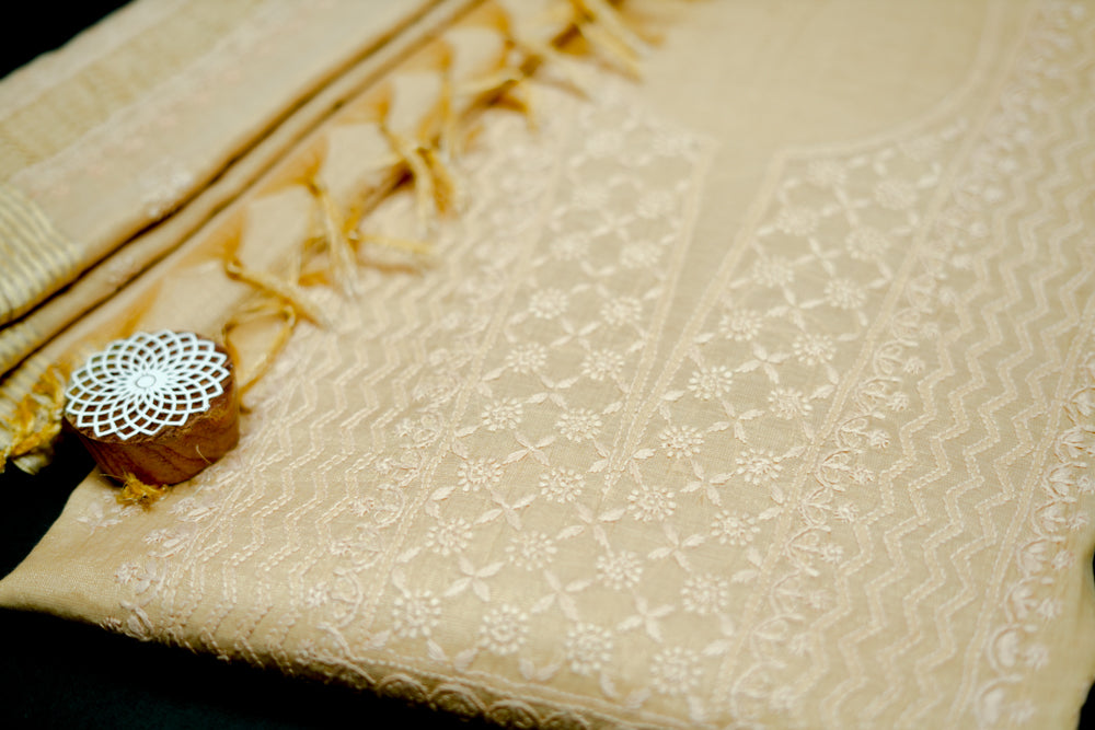 Ivory Tissue Chanderi Unstitched Chikankari Suit set