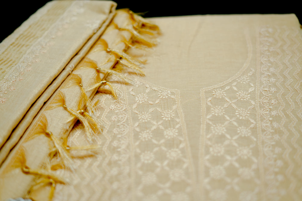 Ivory Tissue Chanderi Unstitched Chikankari Suit set