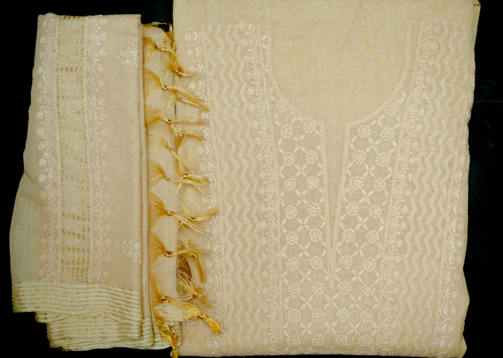 Ivory Tissue Chanderi Unstitched Chikankari Suit set
