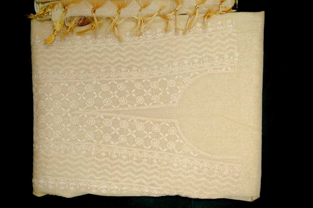 Ivory Tissue Chanderi Unstitched Chikankari Suit set