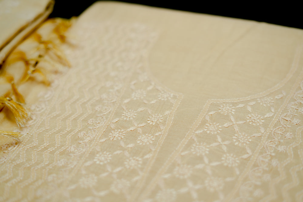 Ivory Tissue Chanderi Unstitched Chikankari Suit set