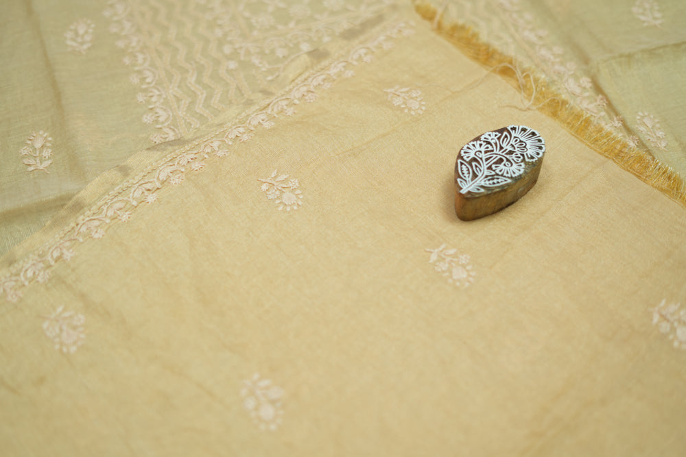 Ivory Tissue Chanderi Unstitched Chikankari Suit set