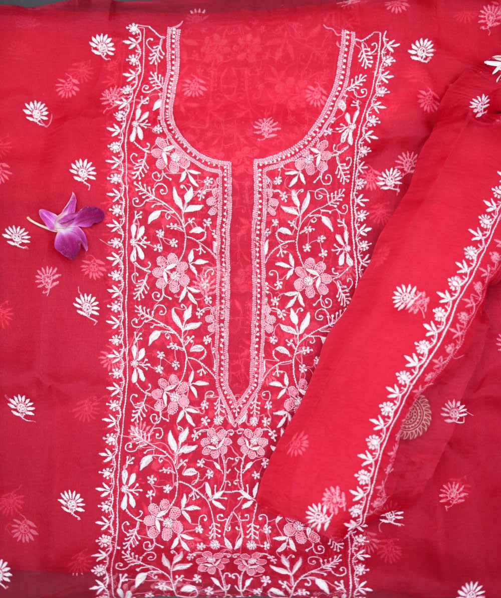 'Poppy Red' Pure Organza Unstitched Chikankari Suit Set
