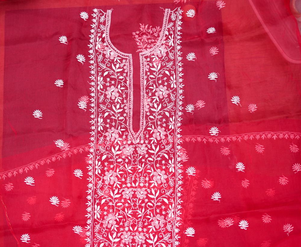 'Poppy Red' Pure Organza Unstitched Chikankari Suit Set