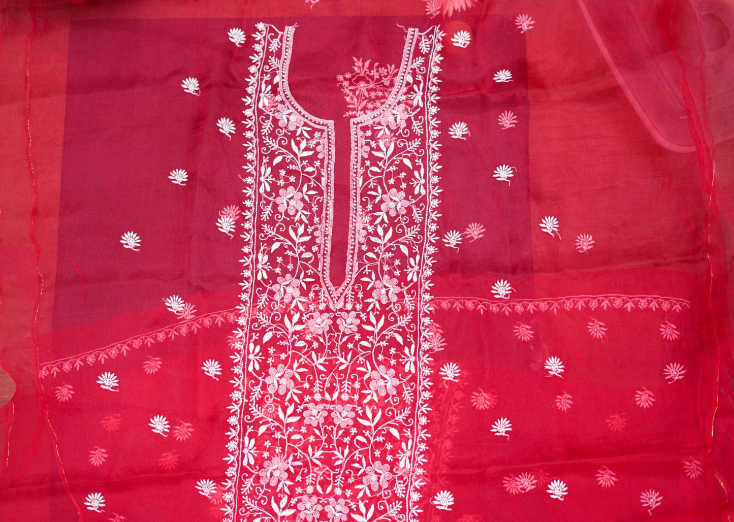 'Poppy Red' Pure Organza Unstitched Chikankari Suit Set