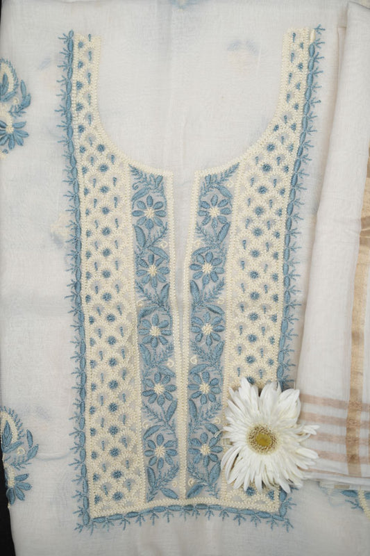 'Antique Pastels' Multicolor embroidered Off White Mul Chanderi Unstitched Chikankari Suit Set