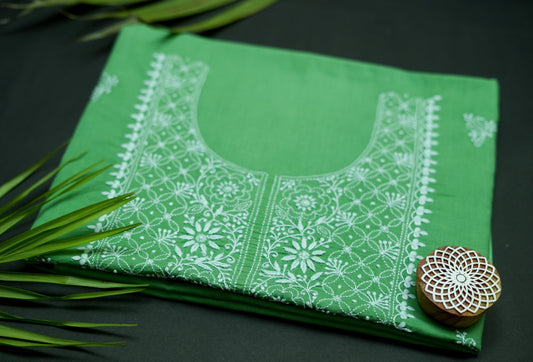 'Fern Green' Cotton Unstitched Chikankari Kurta Fabric