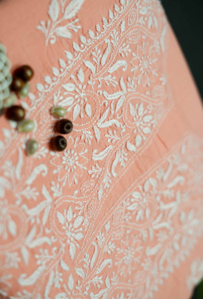 Cozy Peach Cotton Unstitched Chikankari Kurta fabric
