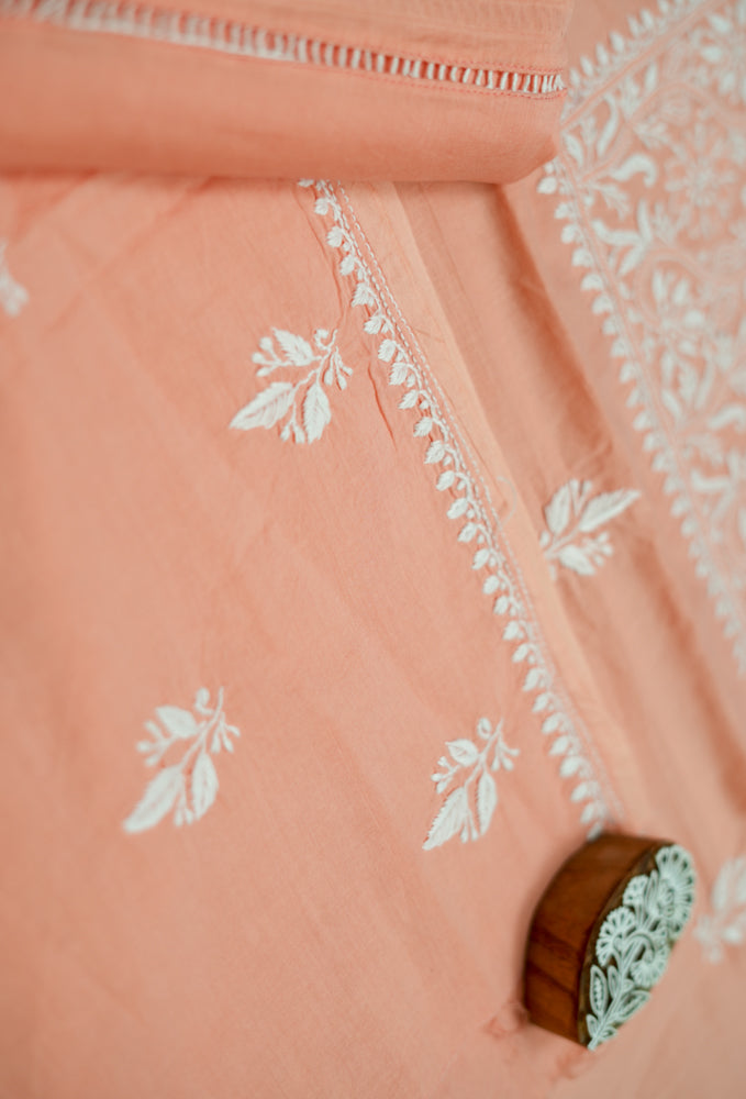 Cozy Peach Cotton Unstitched Chikankari Kurta fabric