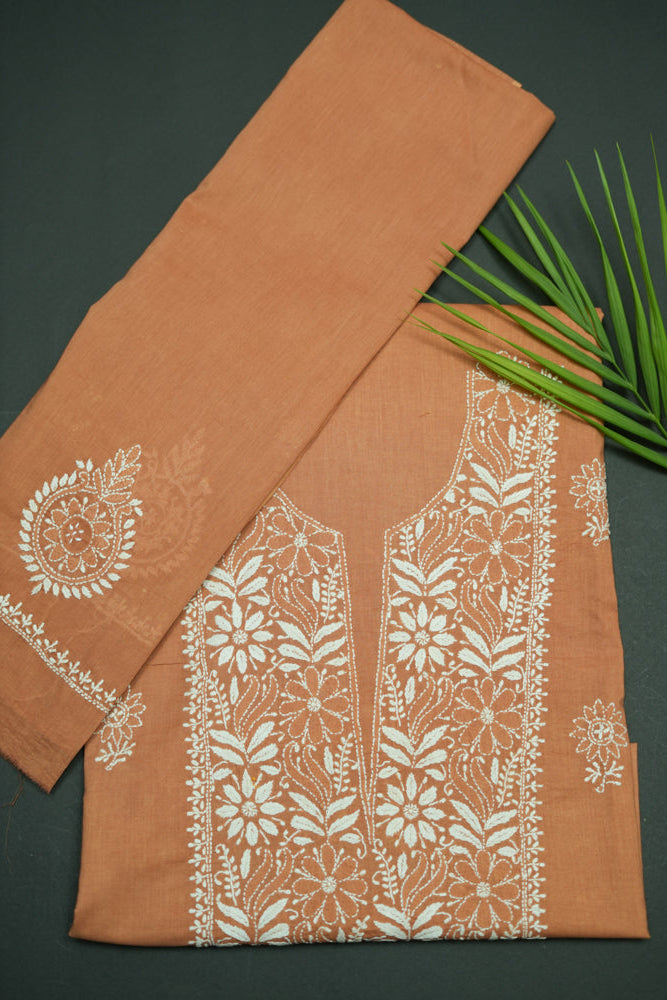 Dusky Apricot Mul Cotton Unstitched Chikankari Suit Set