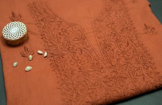 Copper Brown Mul Cotton Unstitched Chikankari Suit set