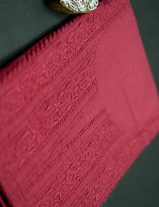 'Vintage Ruby' Mul Cotton Unstitched Chikankari Suit set