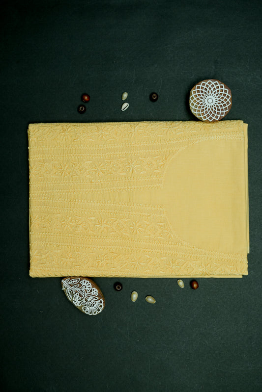 'Khaki yellow' Mul Cotton Unstitched Chikankari Suit set