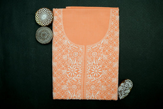 'Coral Peach' Mul Cotton Unstitched Chikankari Suit set