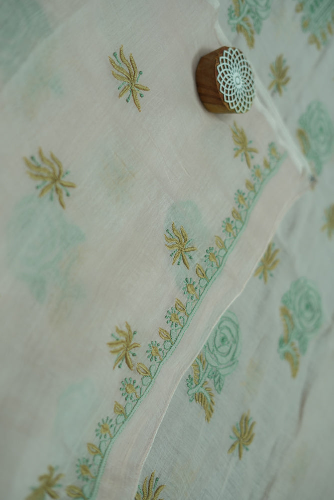 Nude Pink Base Vintage dual shade contrast embroidered Mul Chanderi Unstitched Chikankari Suit Set