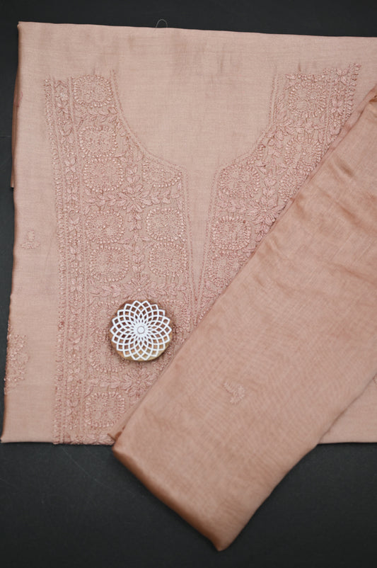 'Blush Sand' Chanderi(Cotton Silk) Unstitched Chikankari suit set