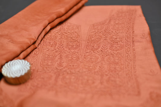 'Clay Orange' Chanderi Unstitched Chikankari suit set