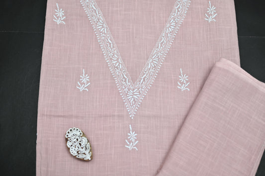 'Misty Rosewood' V-neck Cotton Unstitched Chikankari Kurta Pant Set