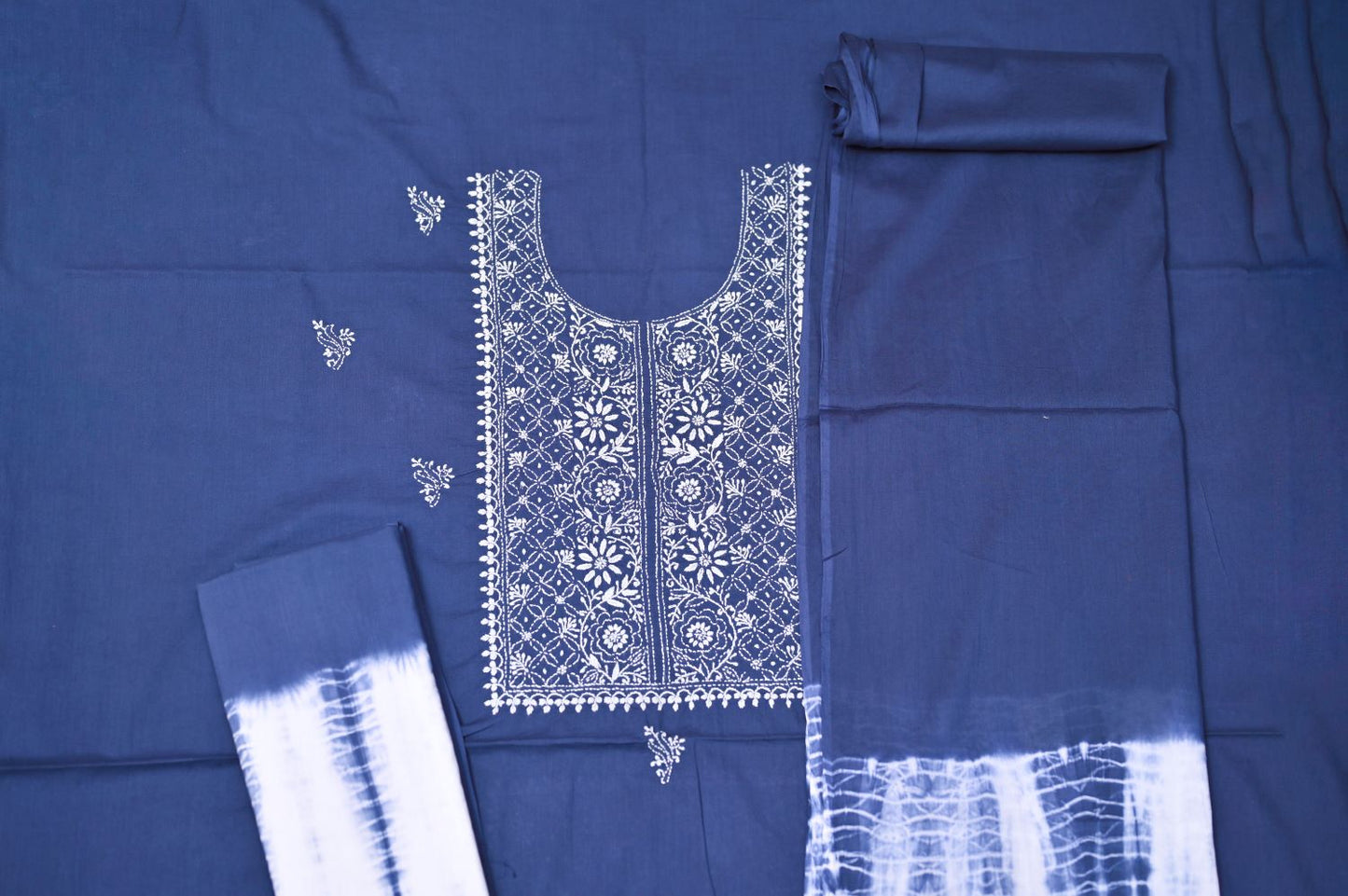 Cloud Blue Tie and Dye Soft Cotton Unstitched Chikankari Suit Set