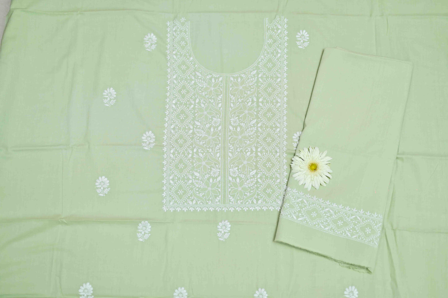 'Basil Breeze' Green Cotton Unstitched Chikankari Kurta Pant Set