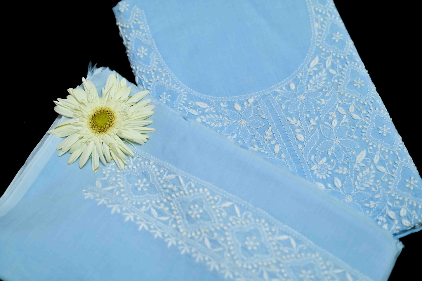 Powder Blue Cotton Unstitched Chikankari Kurta Pant Set