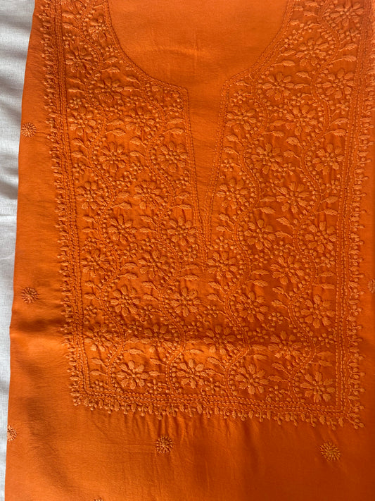 'Festive Orange' Chanderi Unstitched Chikankari Suit Set