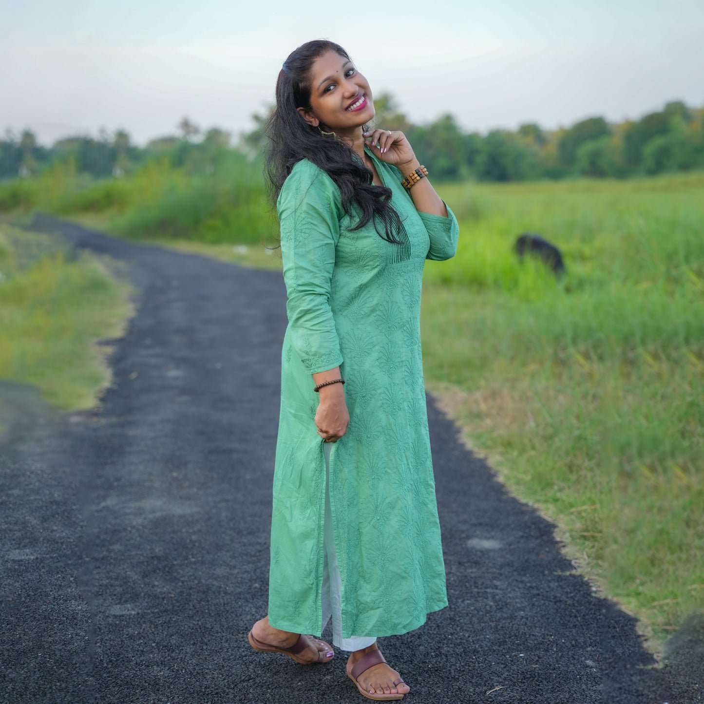 'Forest Green' Pleated Band Neck Blue Mul Cotton Chikankari Long Kurti
