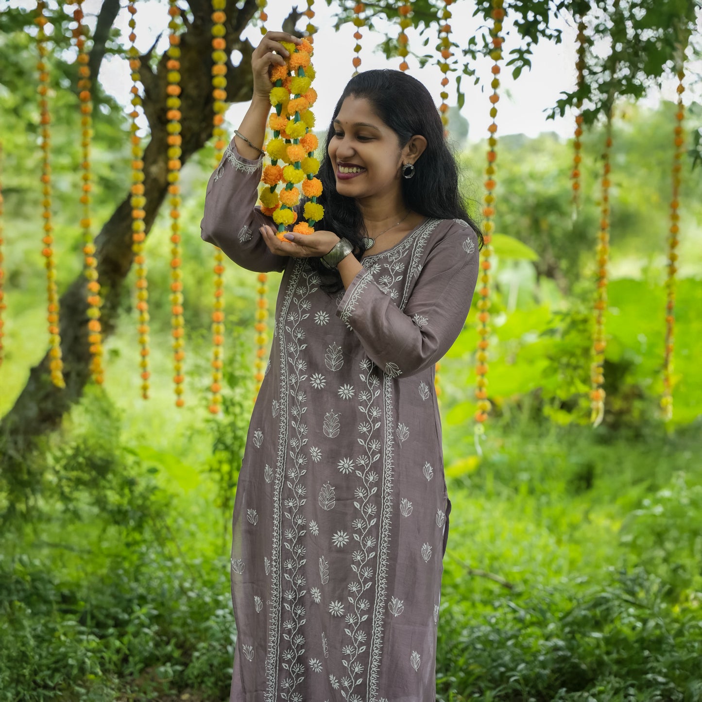 Bistre Brown Mul-Chanderi Chikankari Long Kurti
