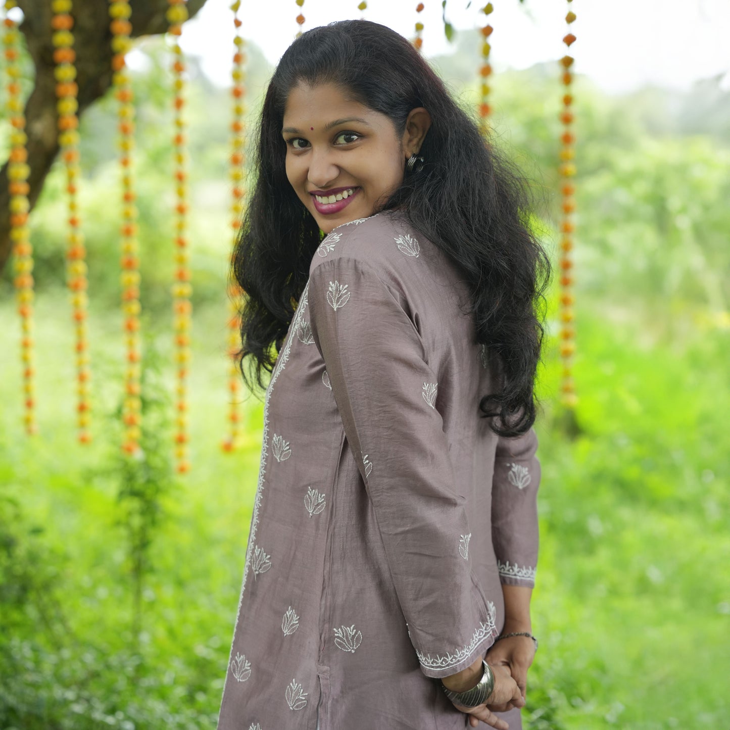 Bistre Brown Mul-Chanderi Chikankari Long Kurti