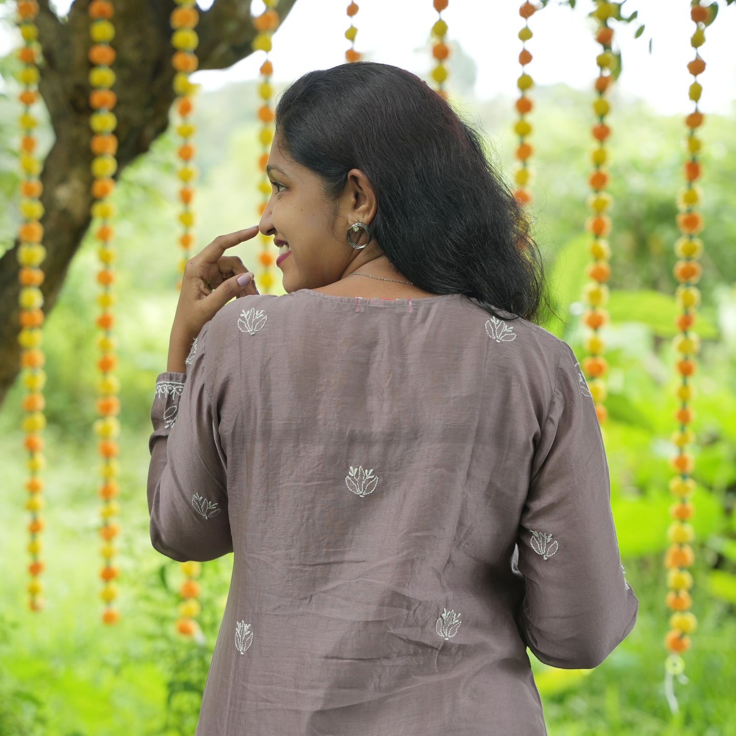 Bistre Brown Mul-Chanderi Chikankari Long Kurti