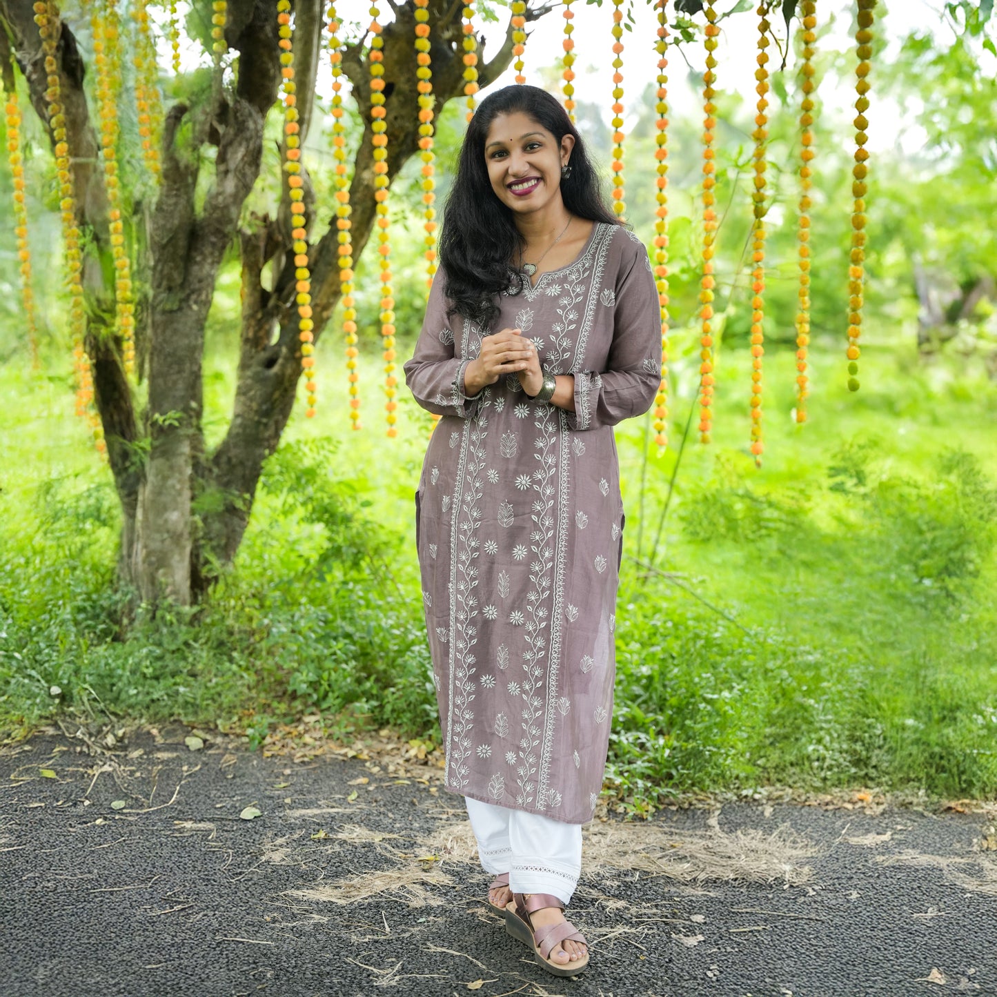 Bistre Brown Mul-Chanderi Chikankari Long Kurti