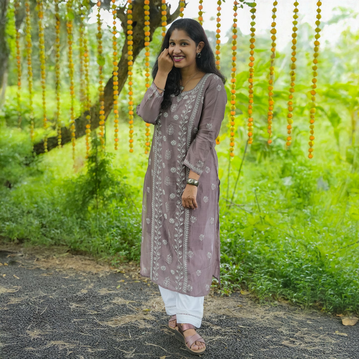 Bistre Brown Mul-Chanderi Chikankari Long Kurti