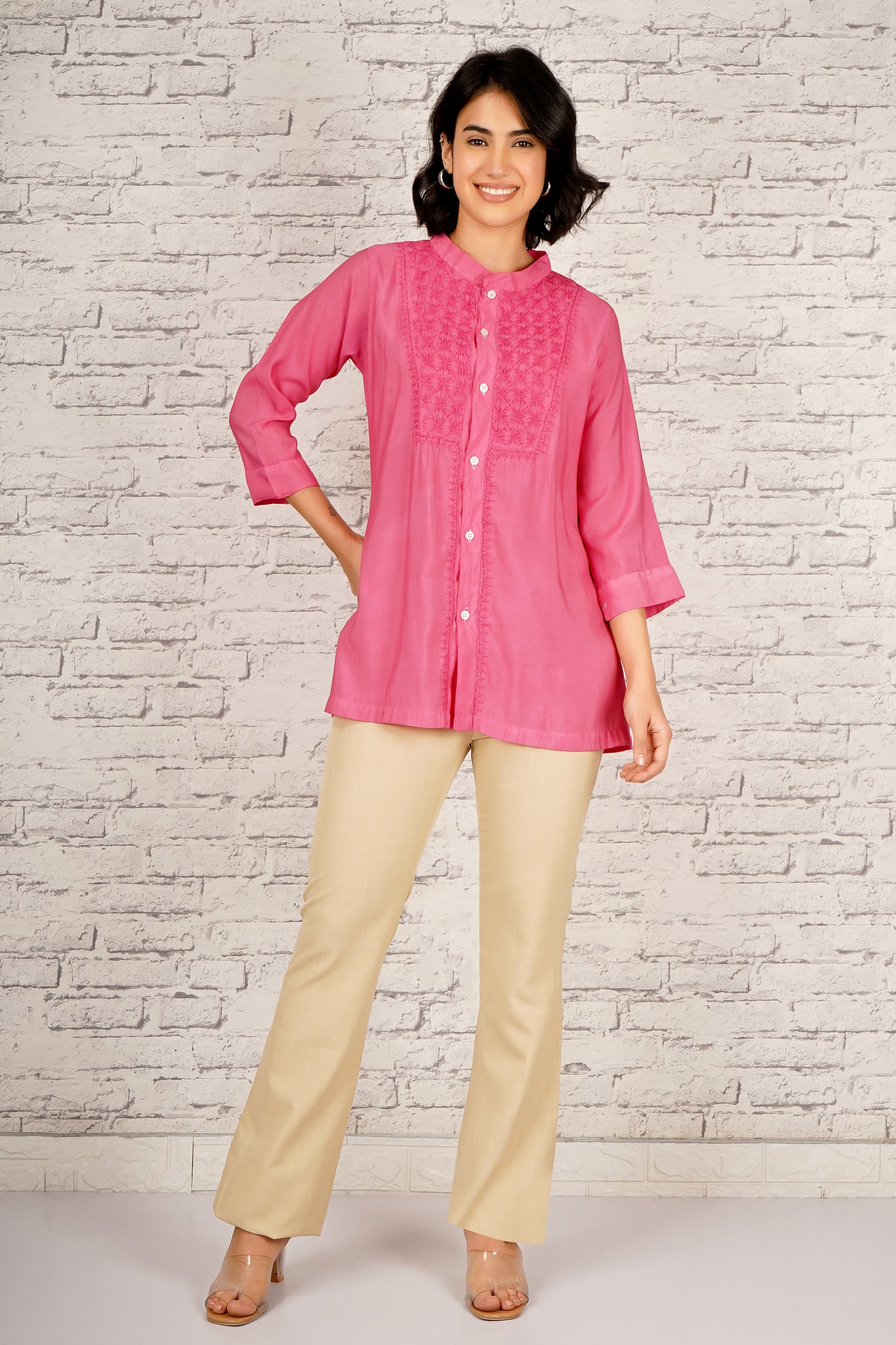 'Timeless Tulip' Cotton Pink Chikankari Shirt