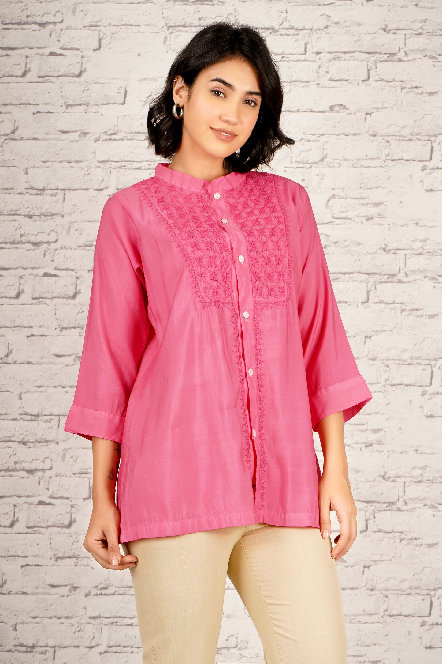 'Timeless Tulip' Cotton Pink Chikankari Shirt
