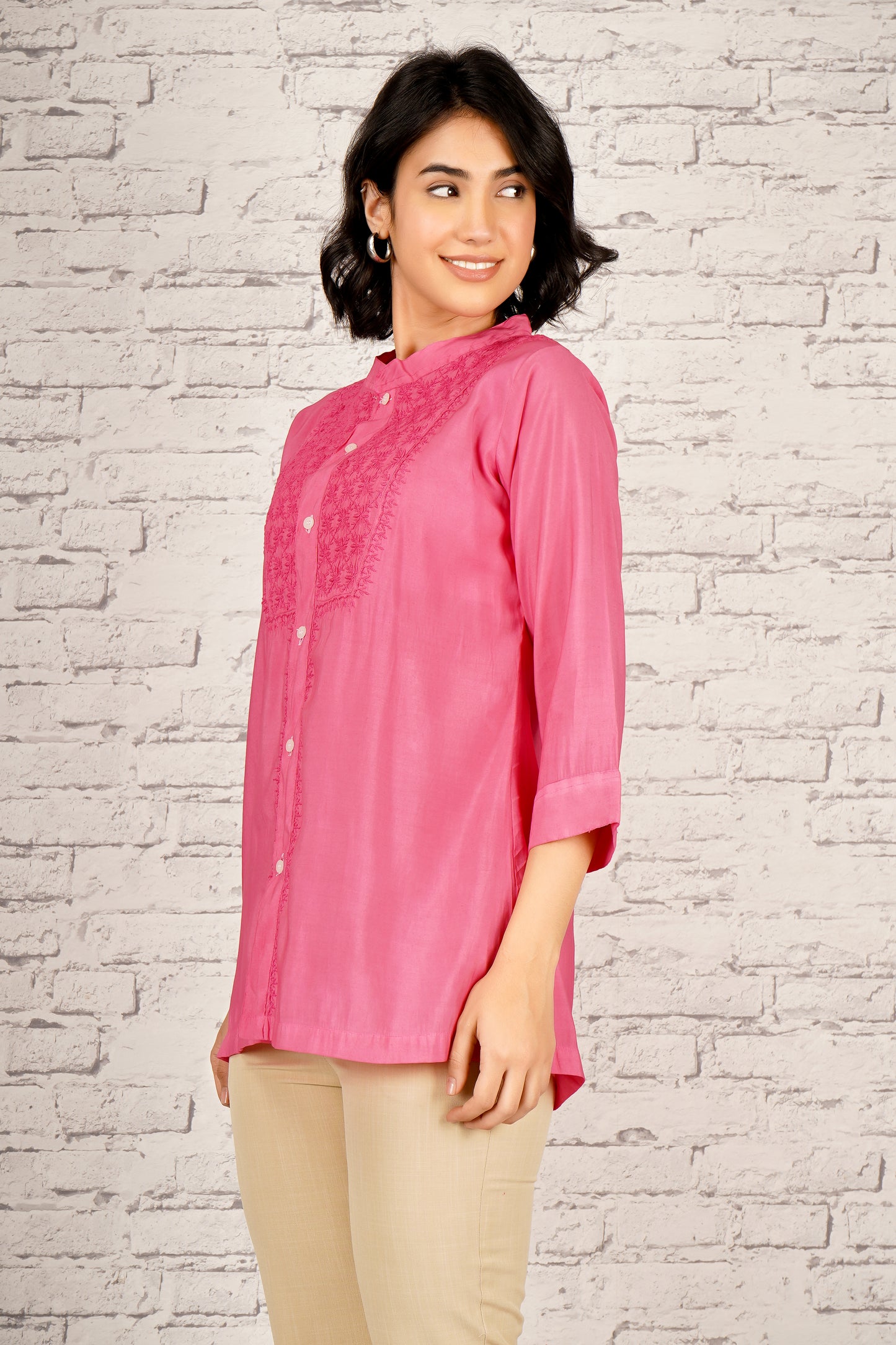 'Timeless Tulip' Cotton Pink Chikankari Shirt