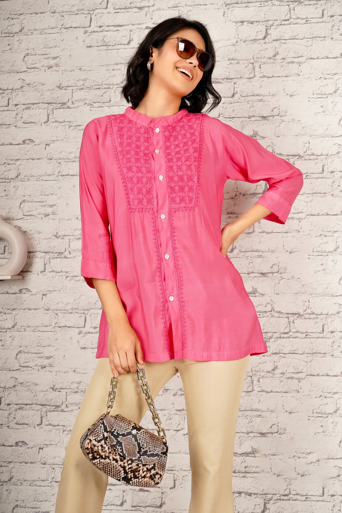 'Timeless Tulip' Cotton Pink Chikankari Shirt