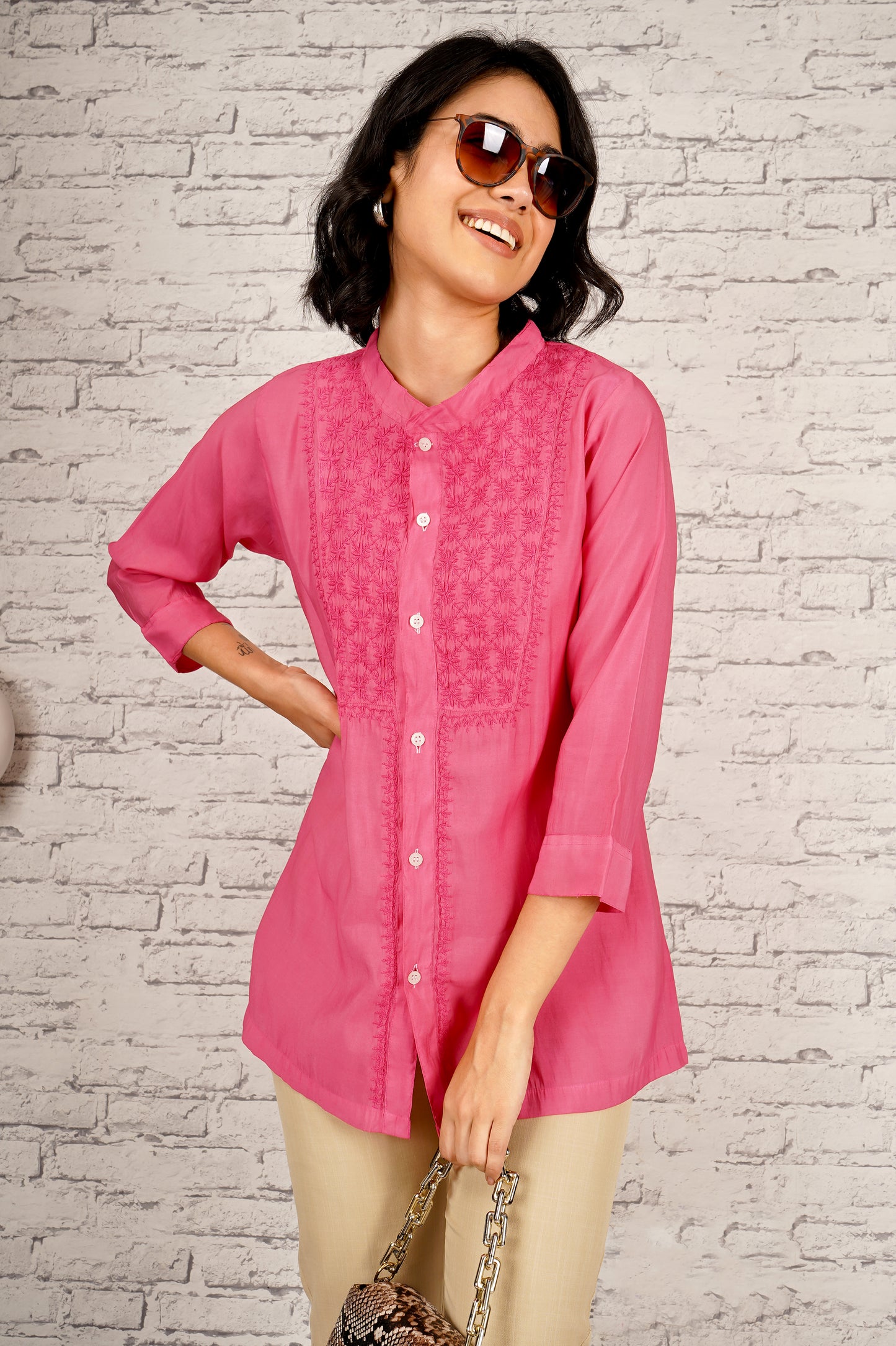 'Timeless Tulip' Cotton Pink Chikankari Shirt