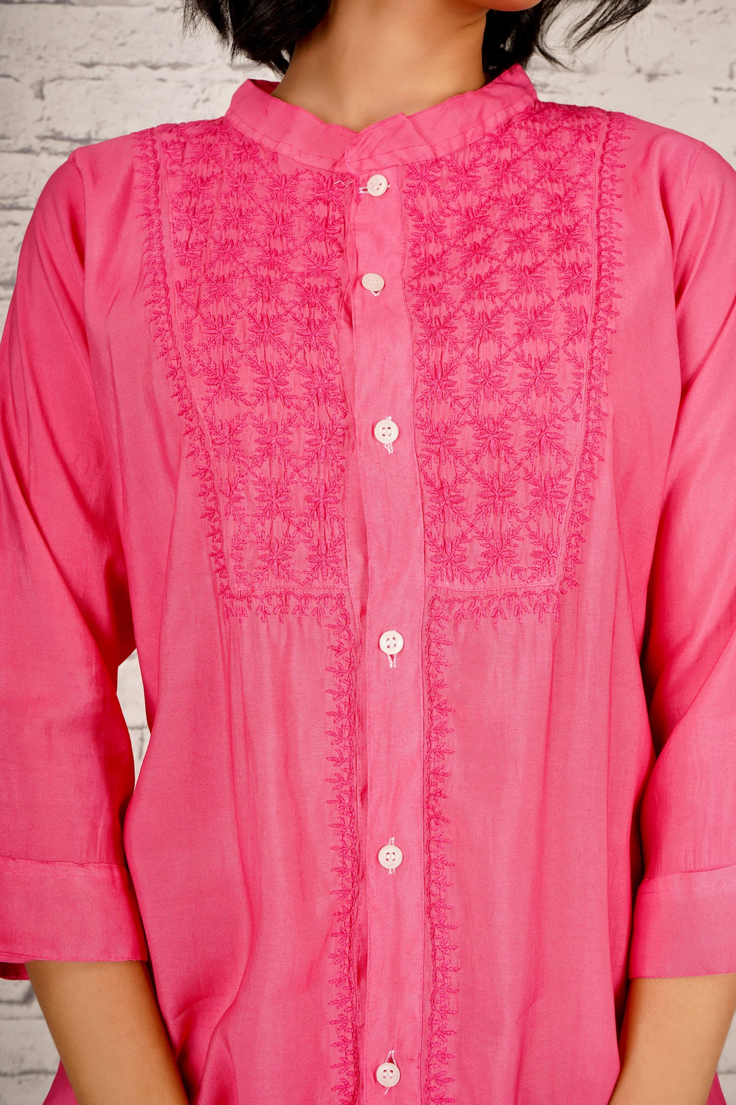 'Timeless Tulip' Cotton Pink Chikankari Shirt