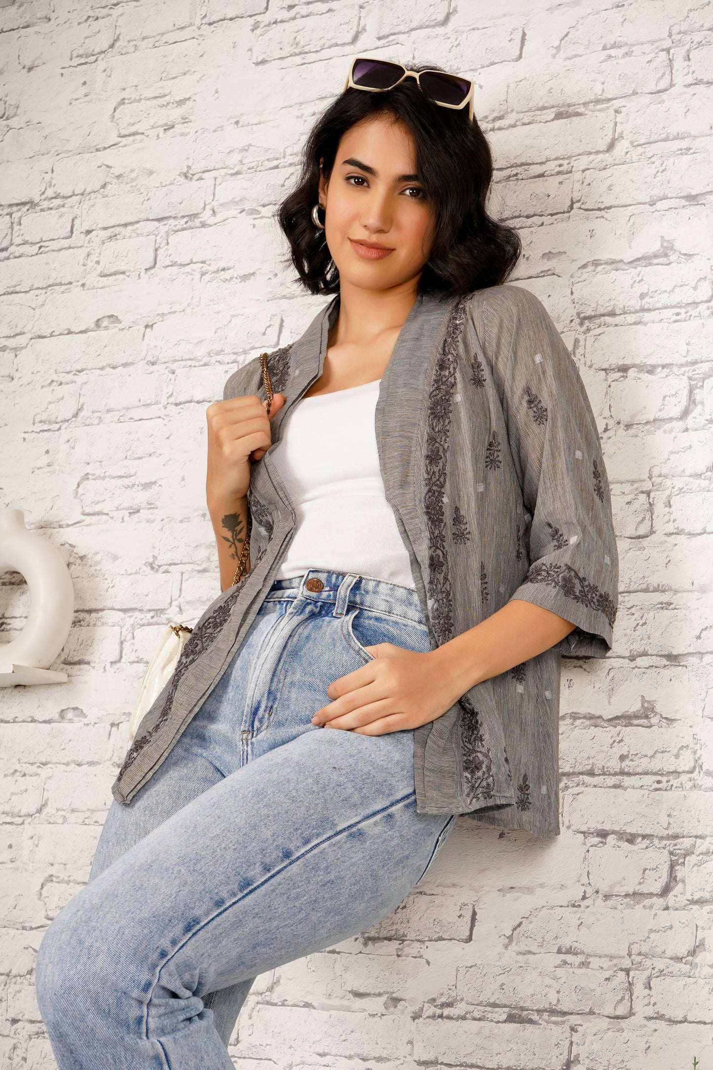 'Whispers of Smoke' Grey Cotton chikankari Shrug