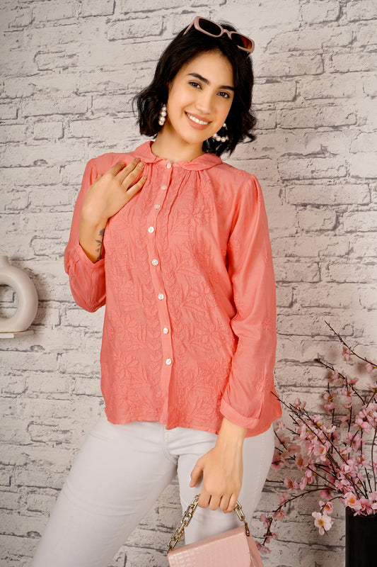'Zesty Melon' Orange Muslin Chikankari Shirt