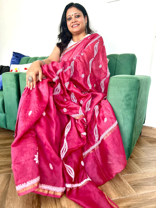 'Nazneen - Effortless Grace' Maroon Chanderi Chikankari Saree